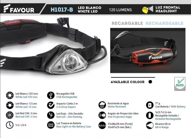 linterna favour frontal recargable 120lm 1